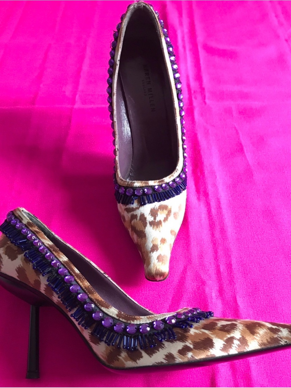 Karen Millen Womens Leopard Print Pointed Toe Pump with Purple Embellishments